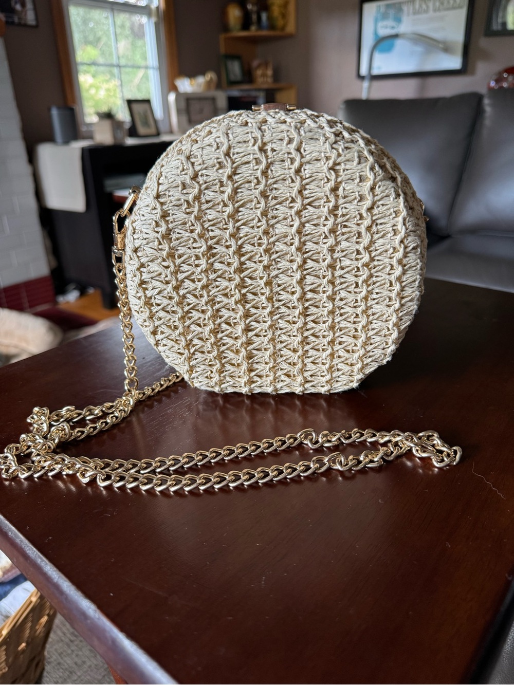 Haute Hippie Cream Woven Round Crossbody with Gold Chain